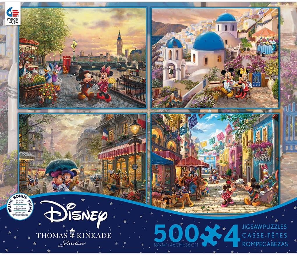 Ceaco – Paquete múltiple 4 en 1 – Thomas Kinkade – Disney – Mickey y Minnie – (4) rompecabezas de 500 piezas