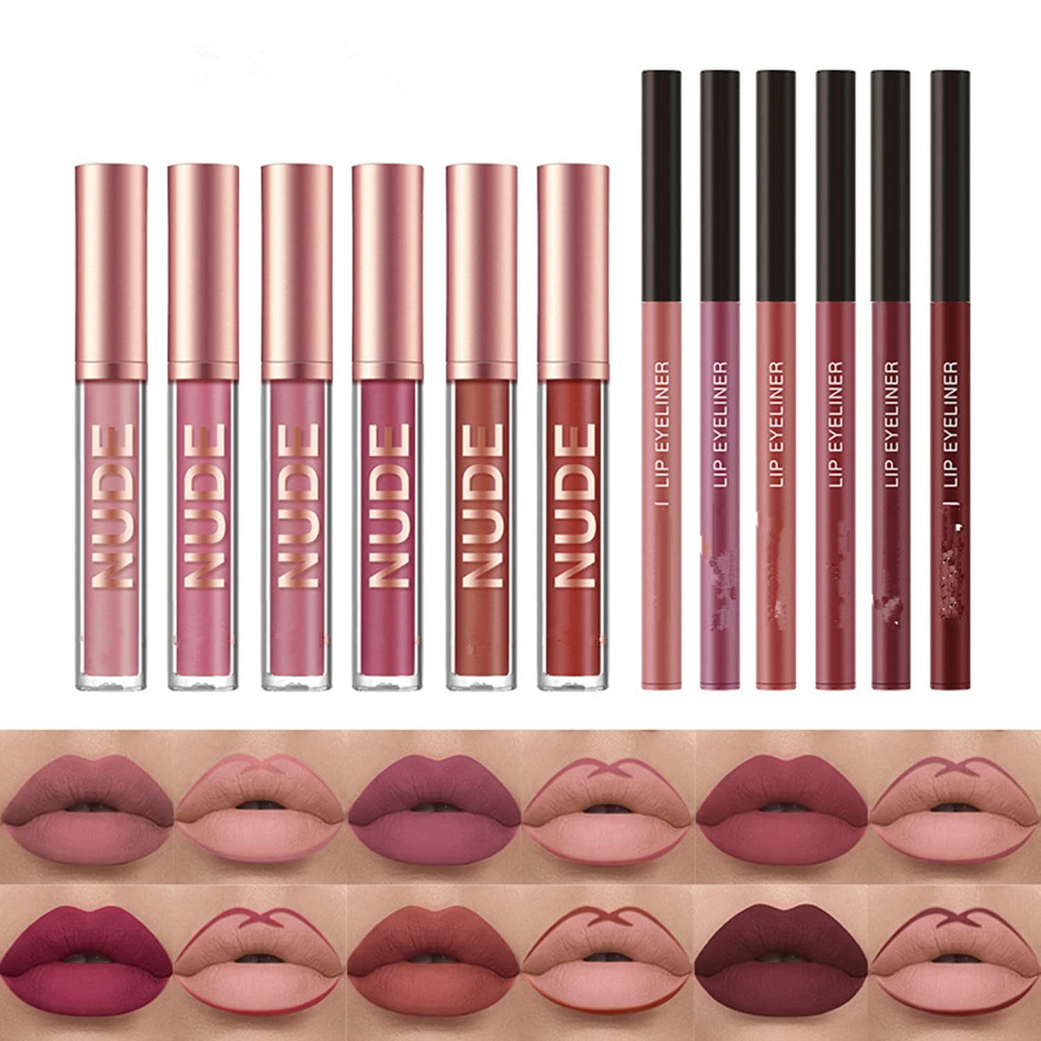 Melemando Kit de 2 lápices labiales líquidos mate y delineador de labios, kit de maquillaje de labios en un solo paso, impermeable, de larga