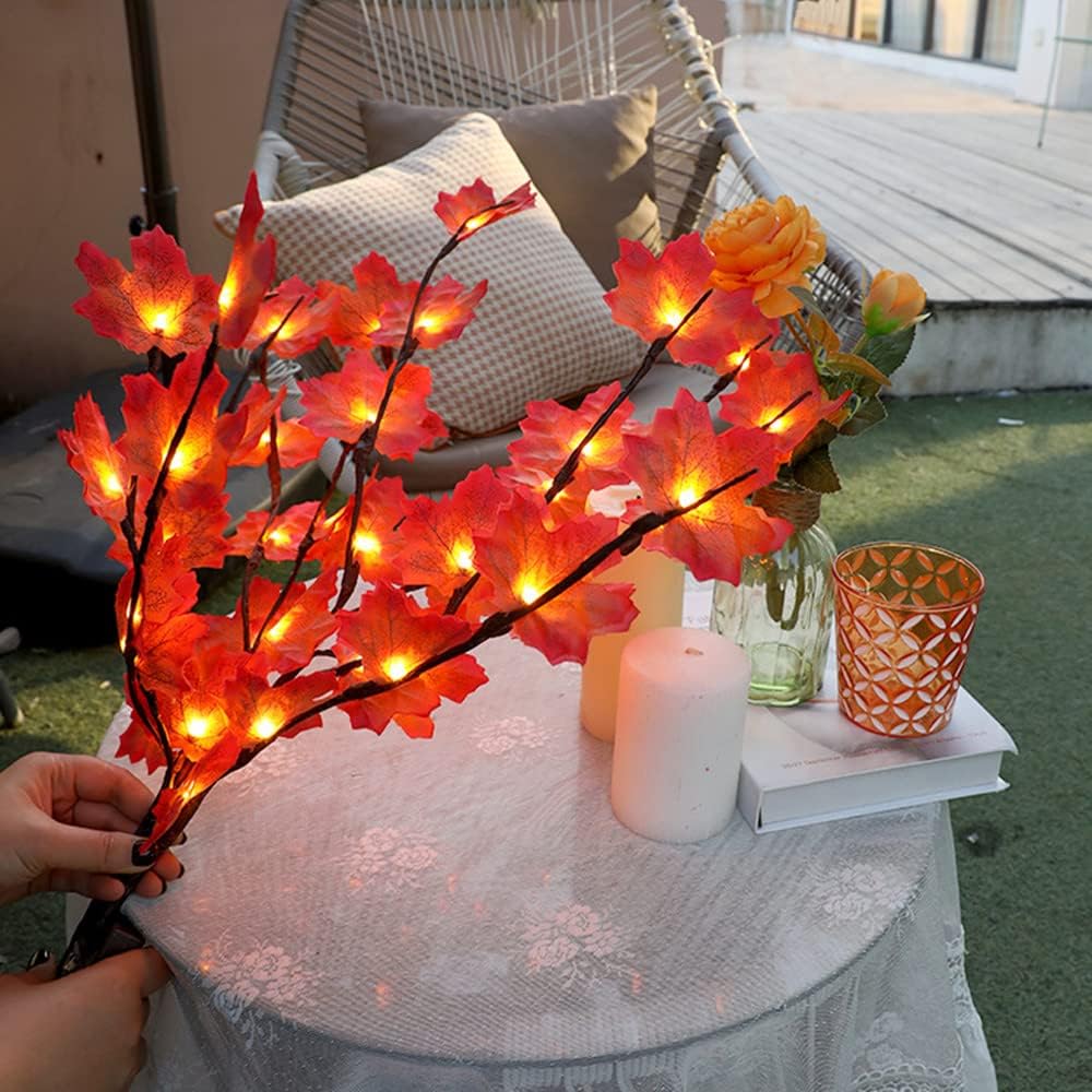 Fantasee Luces de ramita de hoja de arce, 30 pulgadas, 20 luces LED de ramas artificiales, alimentadas por pilas, luces de decoración de ramas