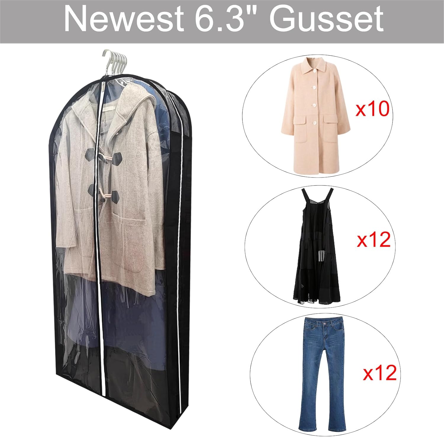 Bolsas de vestir para vestidos largos con refuerzo de 6.3 pulgadas, bolsas transparentes de 50 pulgadas a prueba de polillas para colgar ropa,