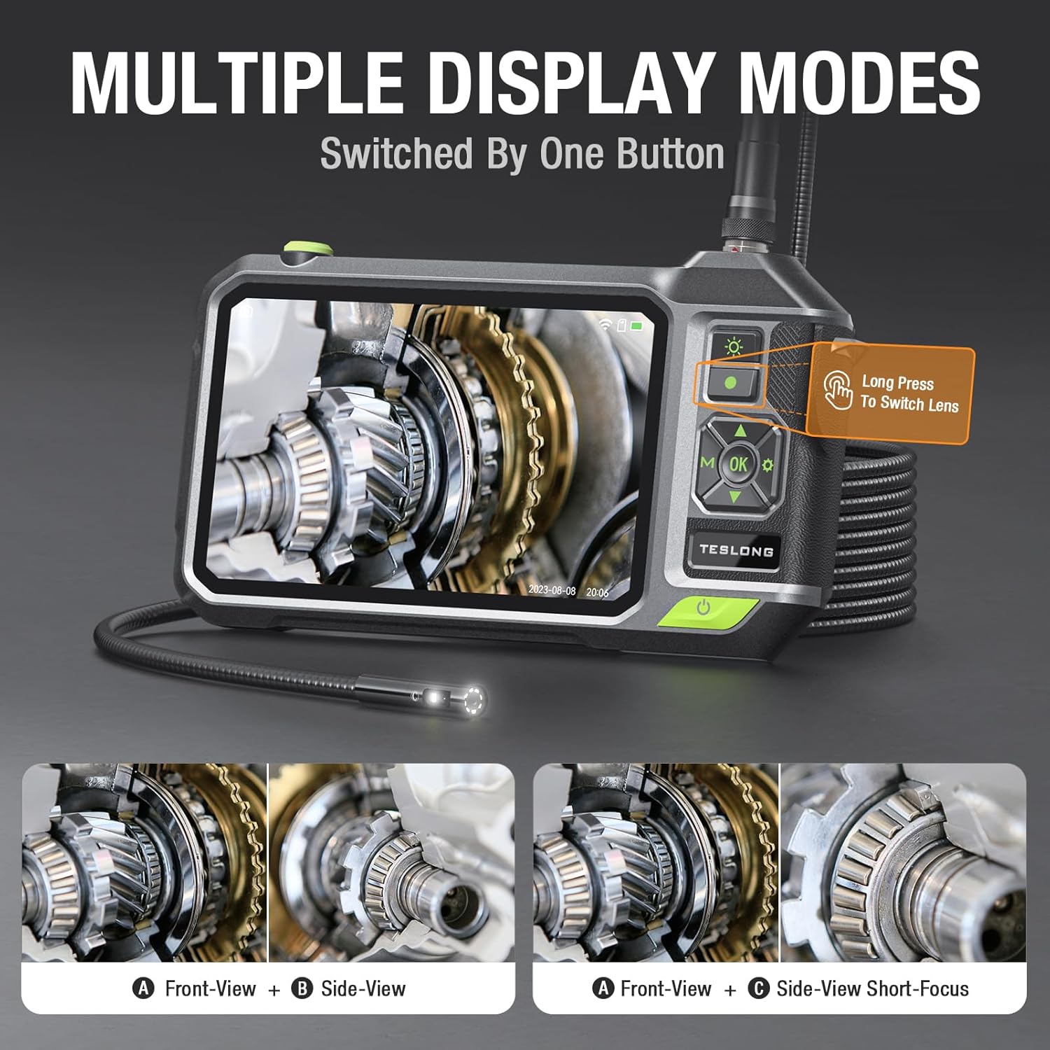 Boroscopio de triple lente con pantalla IPS de 7 pulgadas, cámara de inspección industrial Teslong 1080P HD con luz, herramienta de alcance mecánico