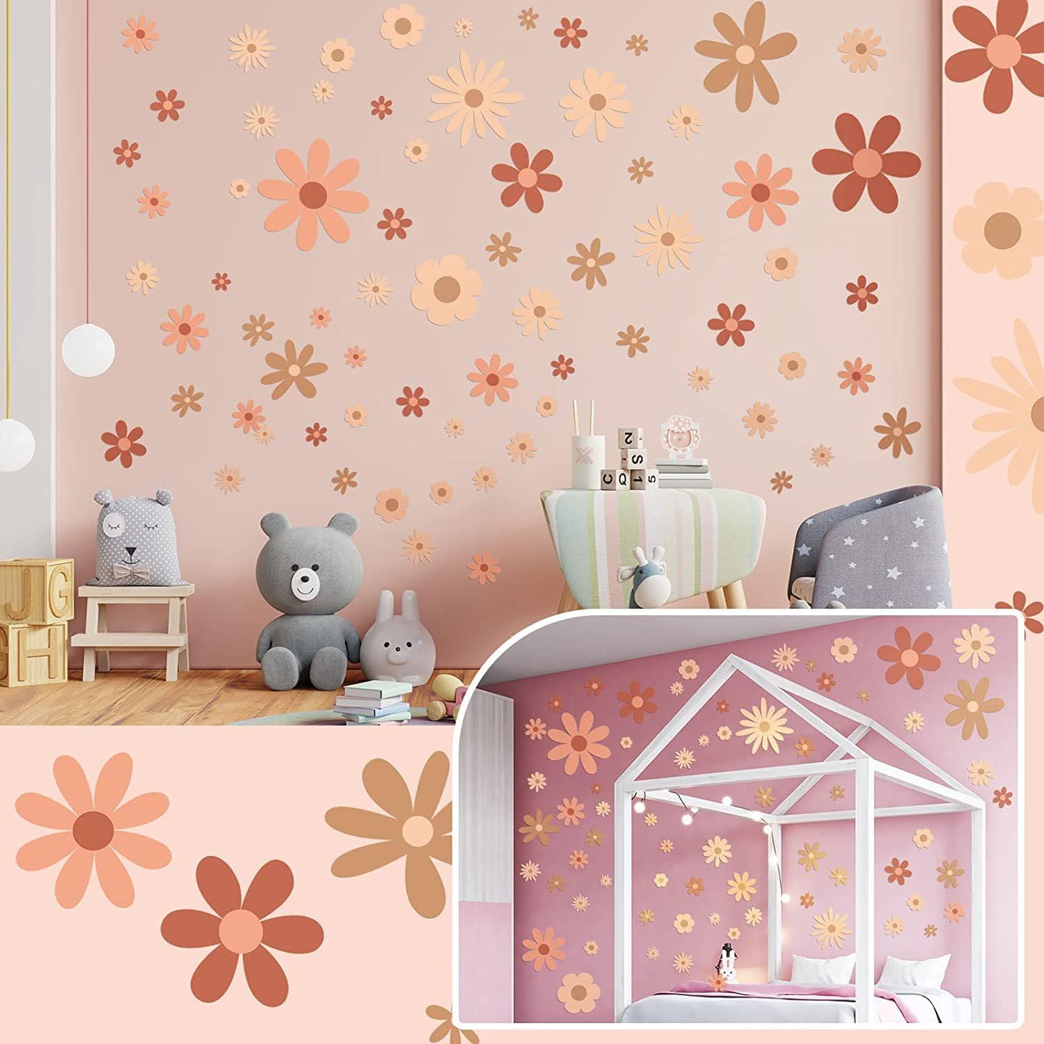 Calcomanía de pared de margaritas, calcomanías de pared de flores bohemias para dormitorio de niñas, calcomanías de decoración de pared para