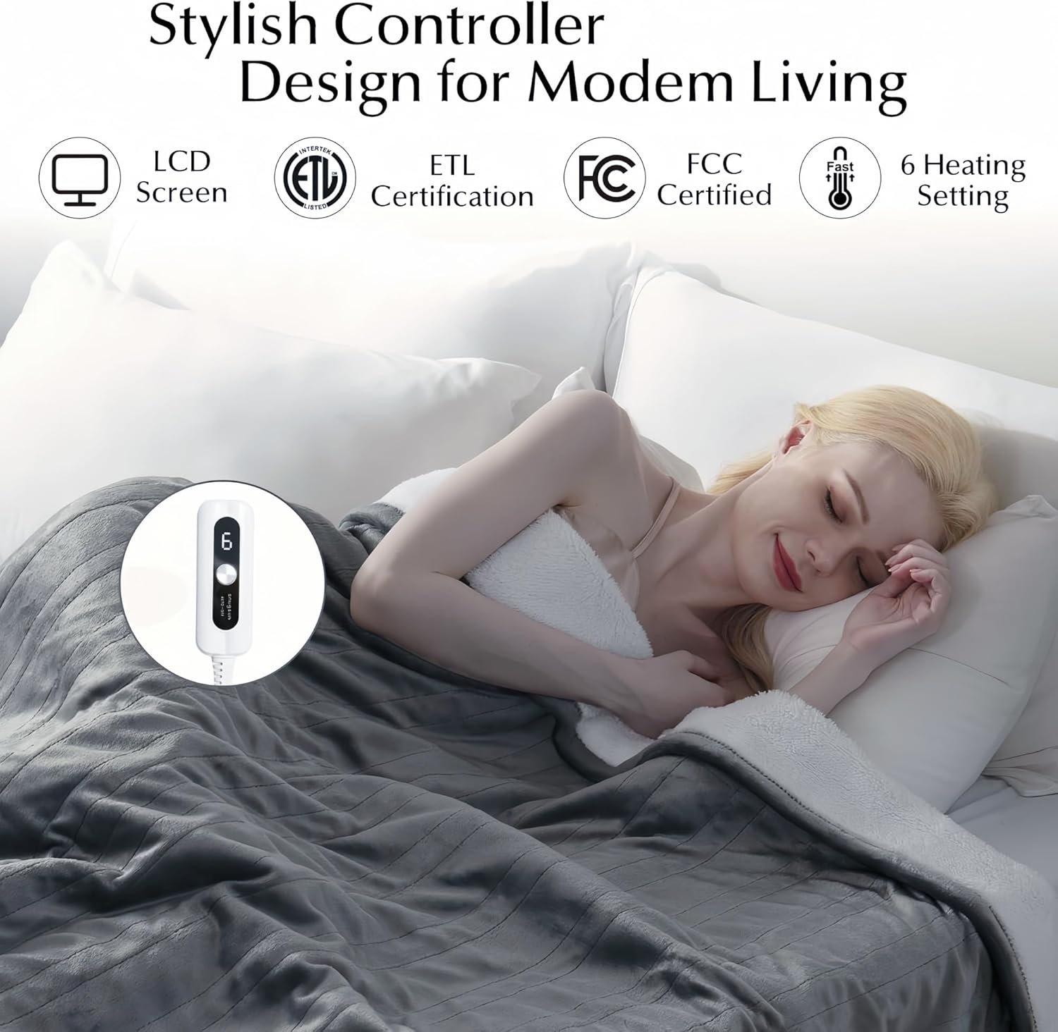 Manta térmica, manta térmica suave y acogedora para cama, sistema de seguridad automático, 6 niveles de calefacción y regalo de apagado automático