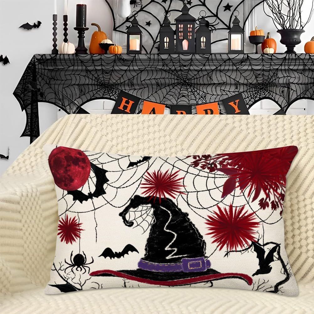 Fundas de almohada con sombrero de bruja de Halloween de 12 x 20 pulgadas, diseño floral rojo y negro, tela de araña, decoración de Halloween,