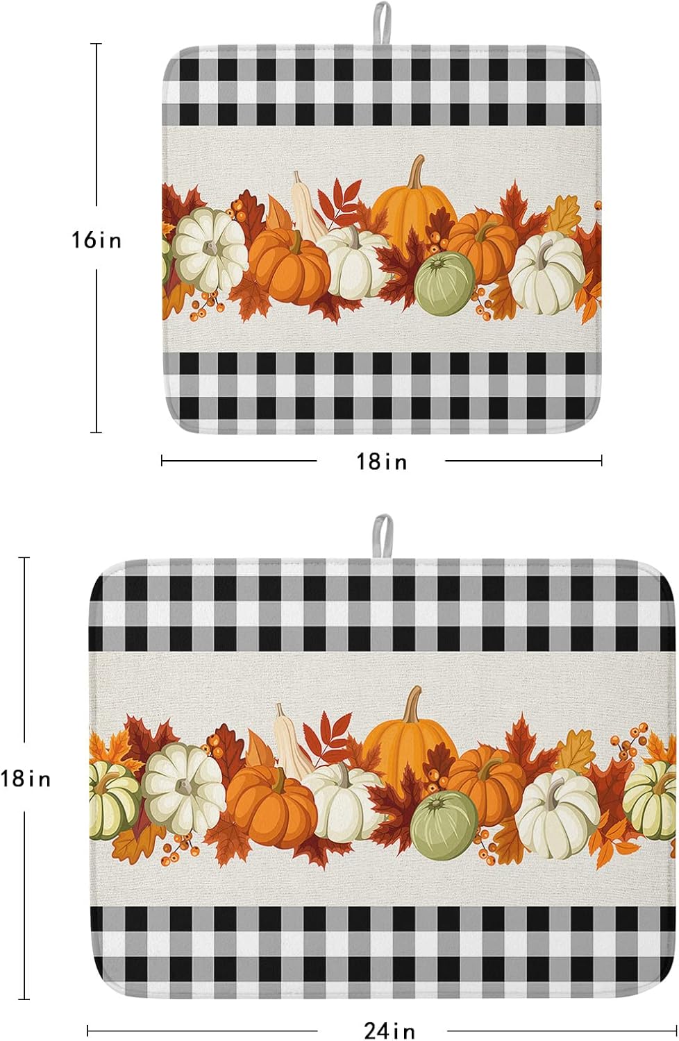 Alfombrillas de secado de platos de calabazas de otoño para encimera de cocina, 2 piezas, búfalo a cuadros negros y blancos absorbentes de