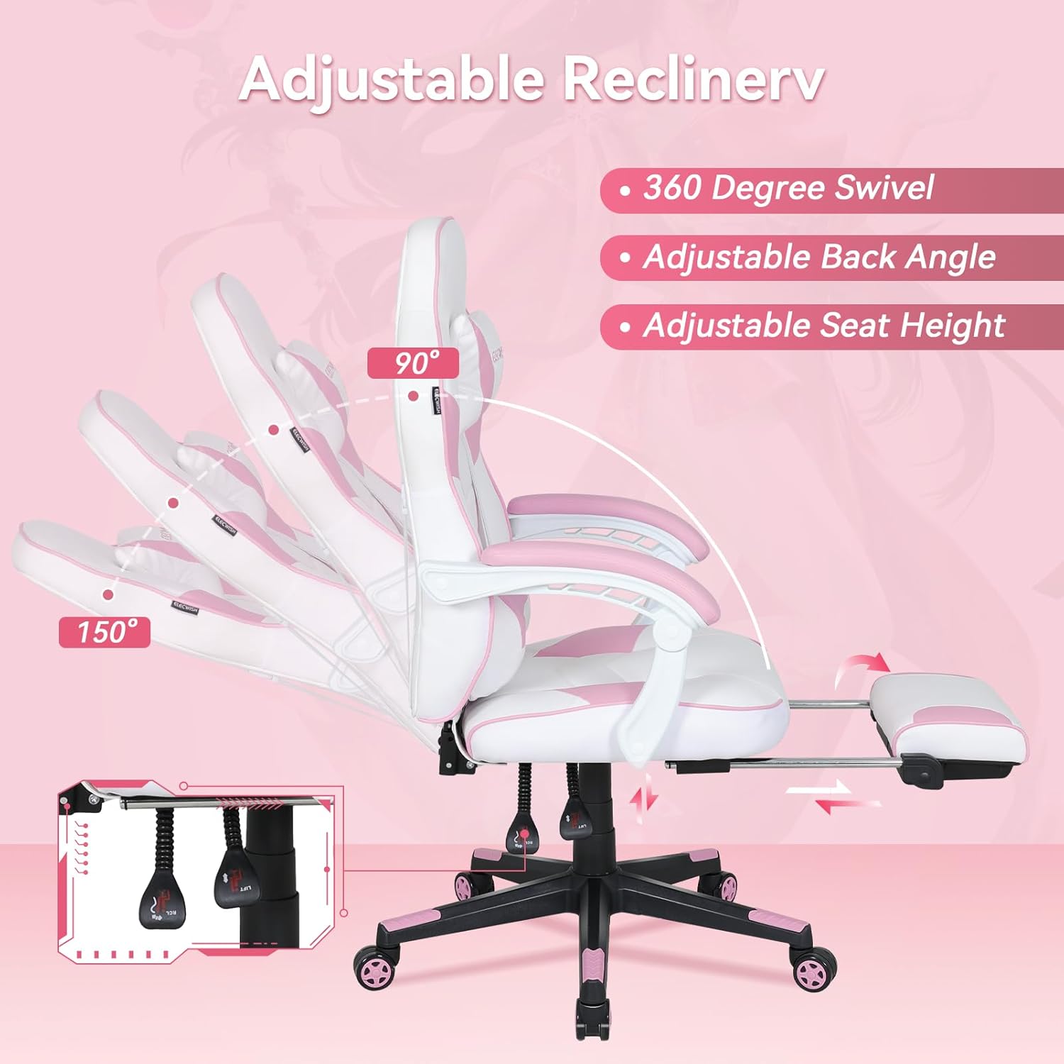 ELECWISH Silla de juegos rosa con masajeador, sillas de juegos de computadora con reposapiés para adultos, piel sintética, respaldo alto, estilo