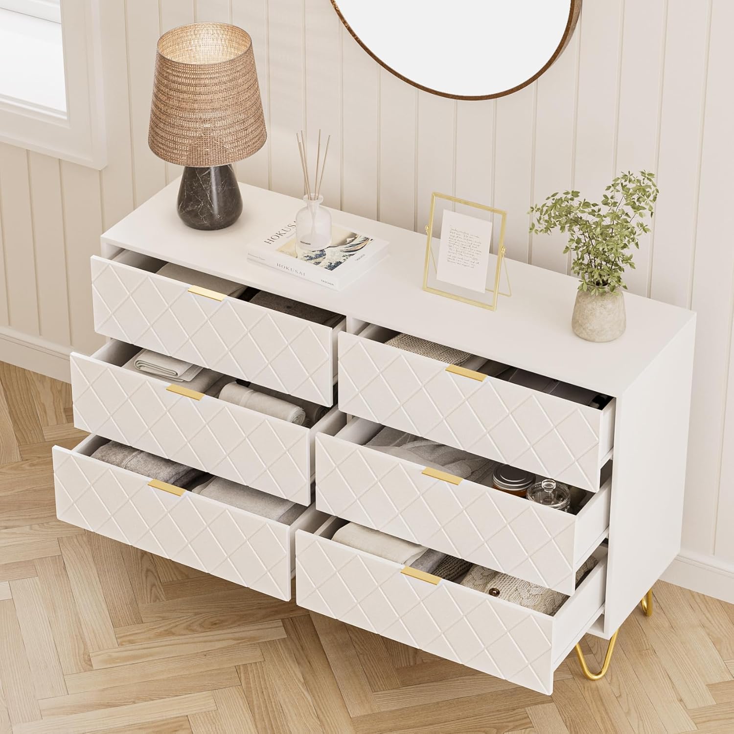 Cómoda de 6 cajones, moderna cajonera, cómoda de almacenamiento ancha con patas de metal, cómoda para dormitorio, sala de estar, armario, entrada,