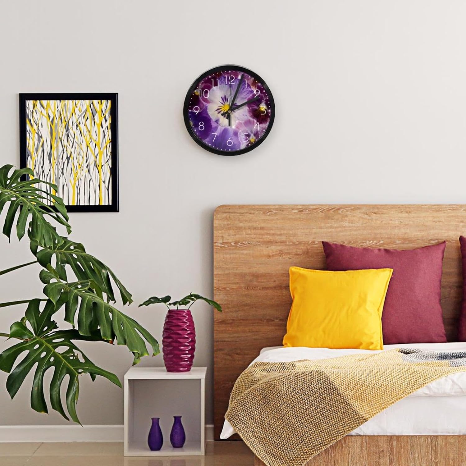 Reloj de pared, diseño de flores moradas, 9.8 pulgadas, silencioso, sin tictac, fácil de leer, moderno, decorativo, para el hogar, la oficina, la