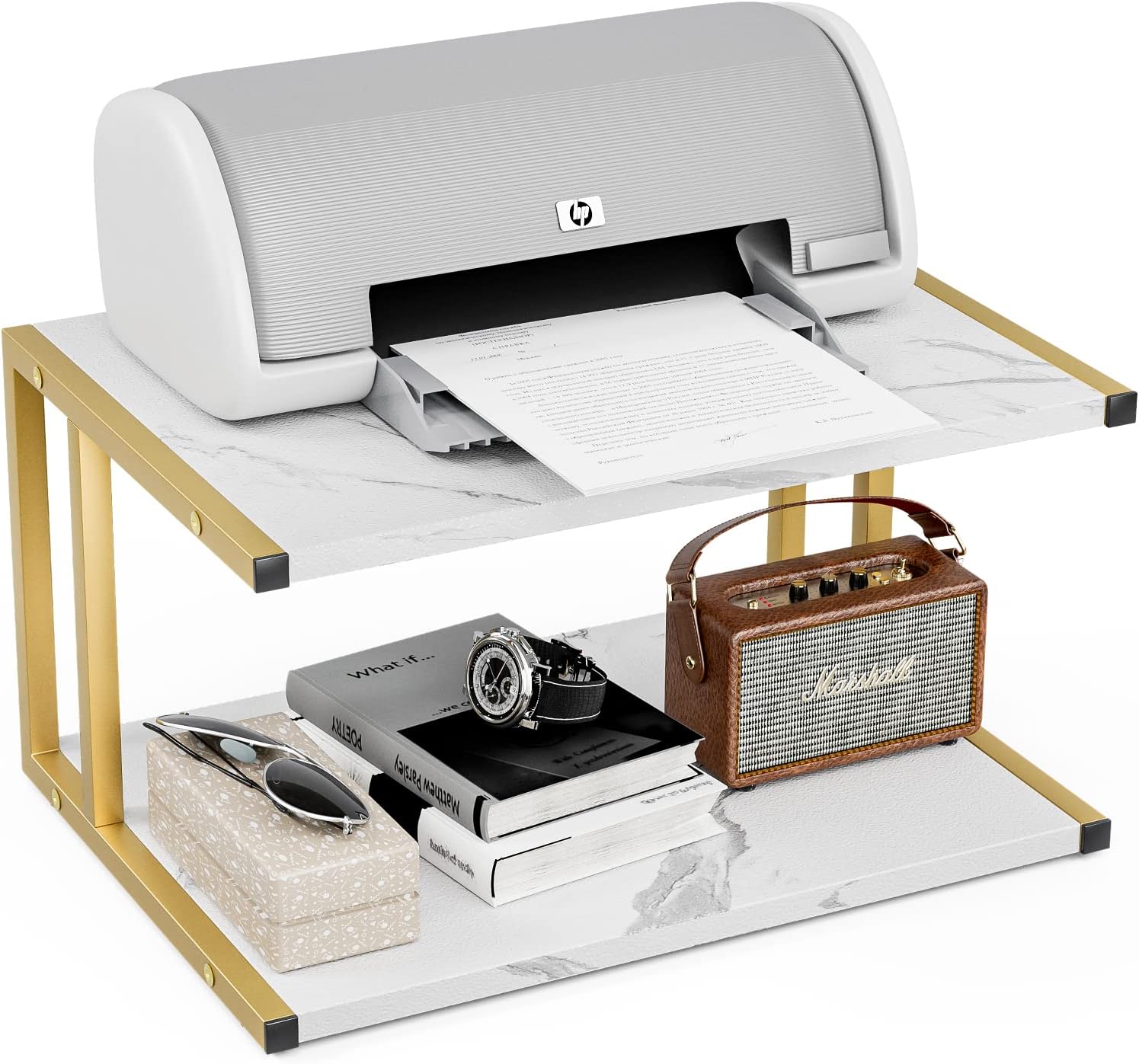 Soporte de impresora de 2 niveles, soporte de impresora de escritorio con marco de metal reforzado, estante de impresora de diseño blanco mármol