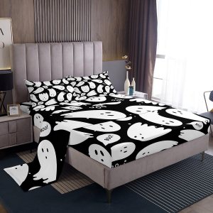 Feelyou Juego de sábanas de Halloween, tamaño individual, juego de sábanas de fantasmas de dibujos animados para niños y niñas, lindas sábanas Feelyou Juego de sábanas de Halloween, tamaño individual, juego de sábanas de fantasmas de dibujos animados para niños y niñas, lindas sábanas