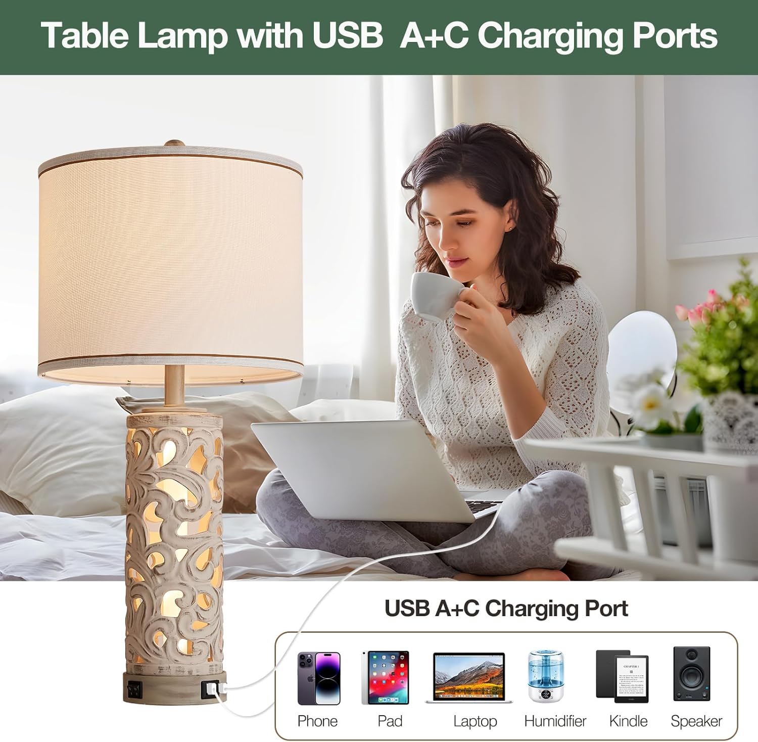 AIDENOEY Juego de 2 lámparas de mesa con luz nocturna, lámpara de mesa de granja de 28 pulgadas con puertos USB A+C, lámpara de noche de cerámica