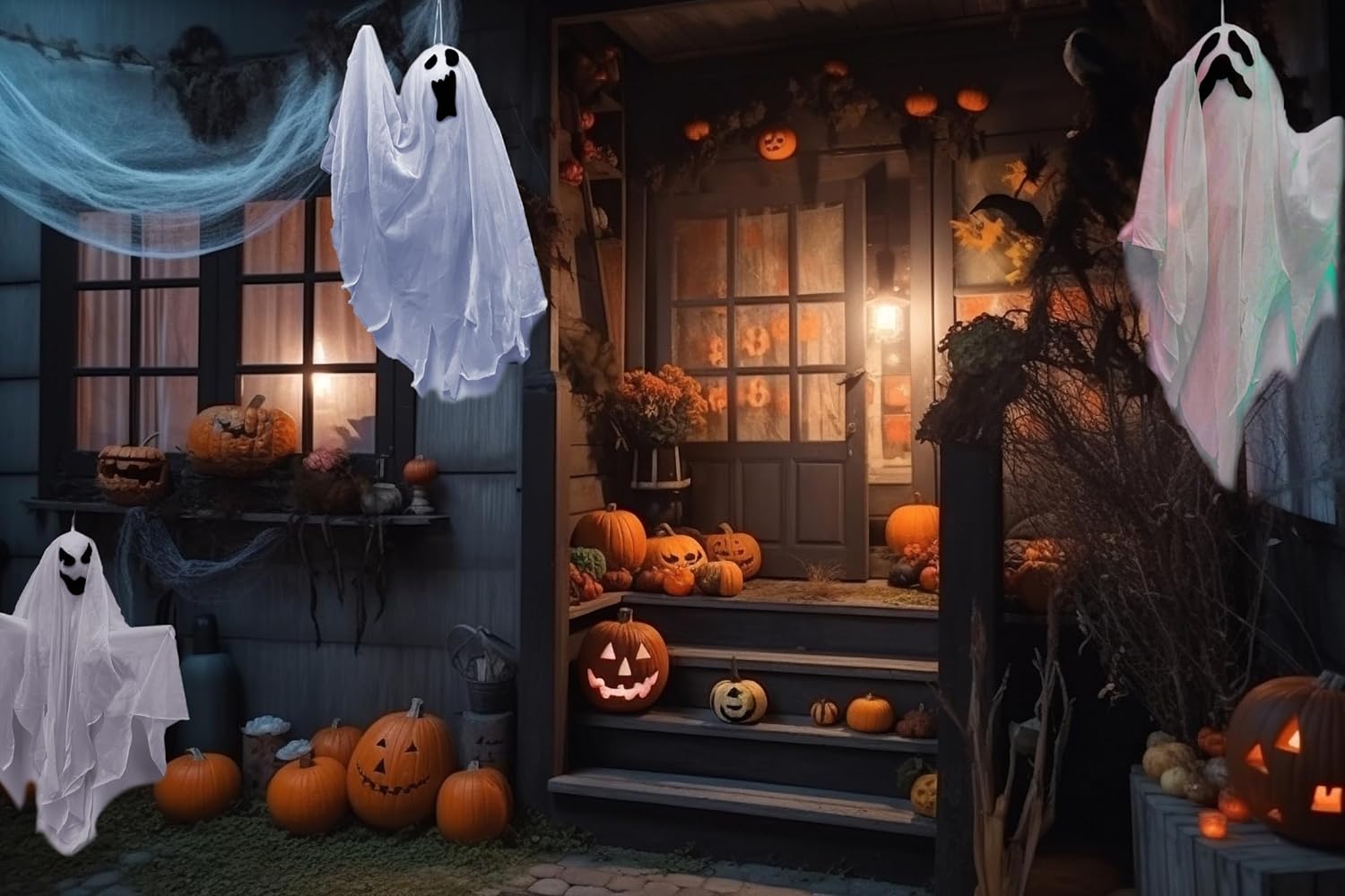 GIFTEXPRESS 3 fantasmas colgantes de Halloween de 25 pulgadas, lindos fantasmas de emoji voladores para patio delantero, patio, ley, jardín,