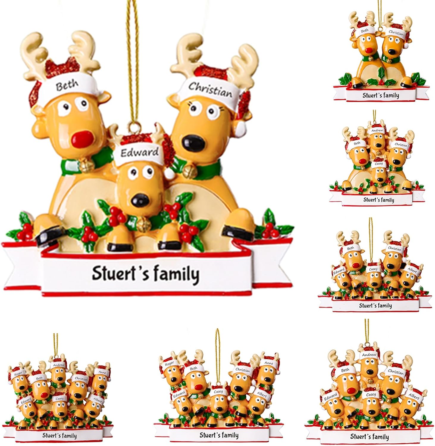 Adornos de Navidad personalizados de ciervo, familia de 2, 3, 4, 5, 6, 7, 8  Adorno de Navidad personalizable con nombre de reno, texto para árbol