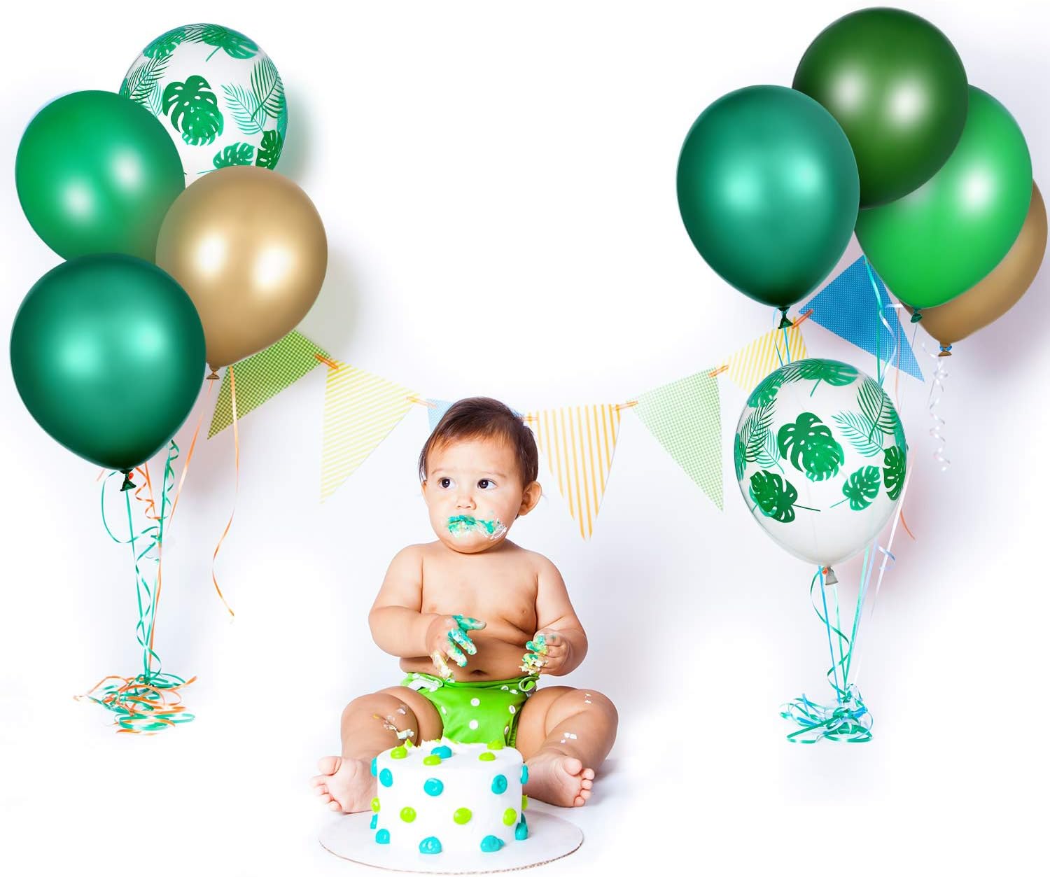80 globos temáticos de safari en la selva, globos de hojas de palma, globos cromados metálicos, globos de látex verde para cumpleaños, suministros