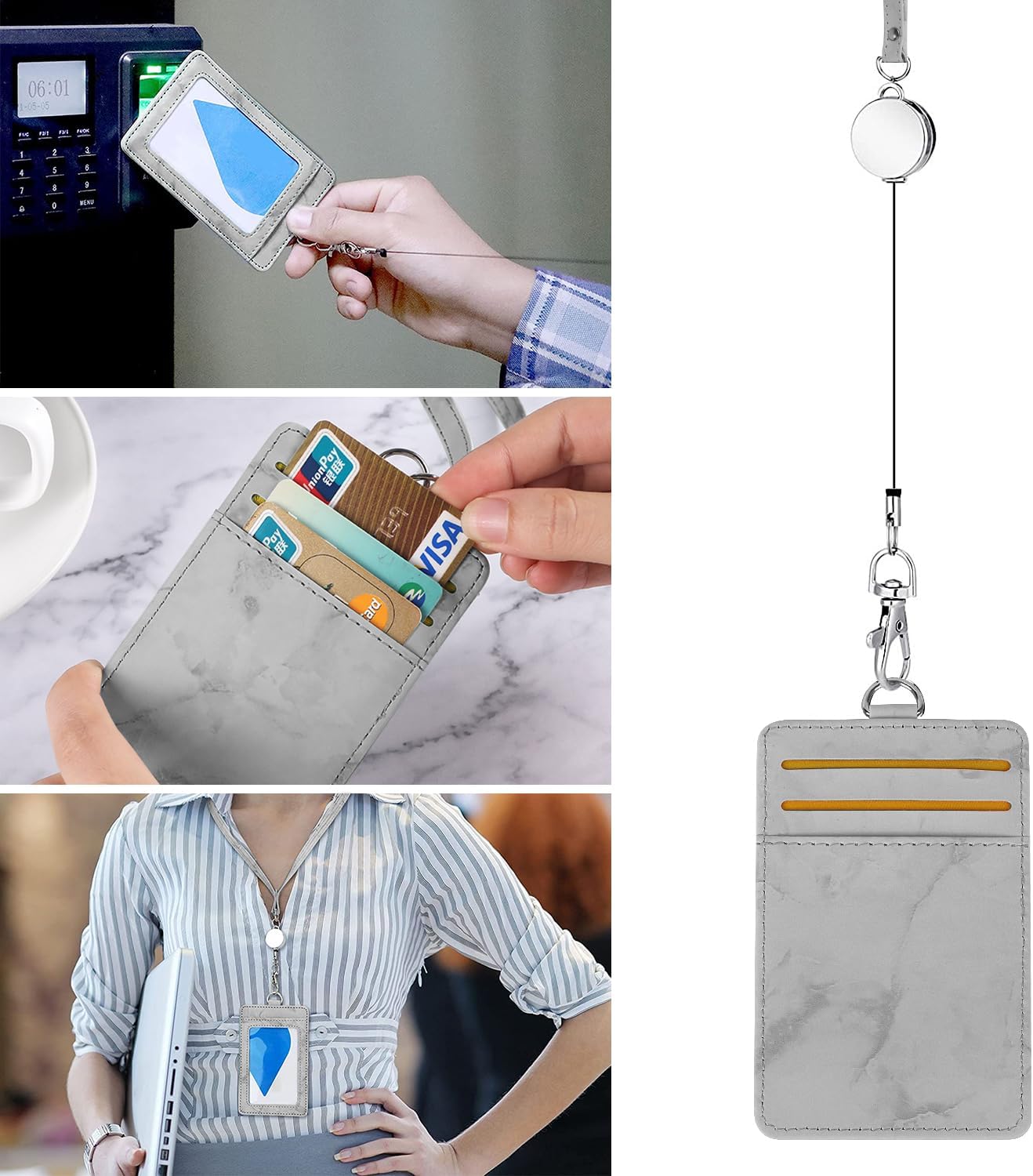 Cordones para insignias de identificación, soporte de cuero para tarjetas de identificación y cordones retráctiles ajustables, hebilla de liberación