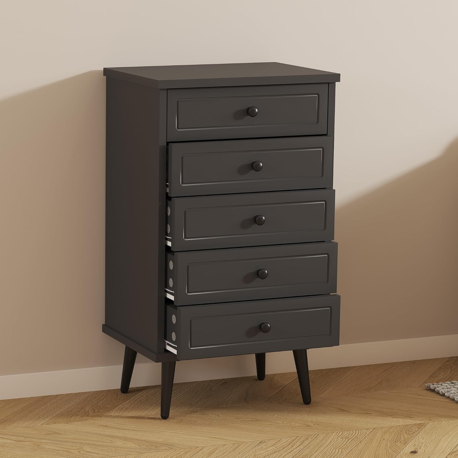 Function Home Cómoda con 5 cajones, cómoda de almacenamiento de madera con dispositivo anti-caída para baño, dormitorio, sala de estar y armario