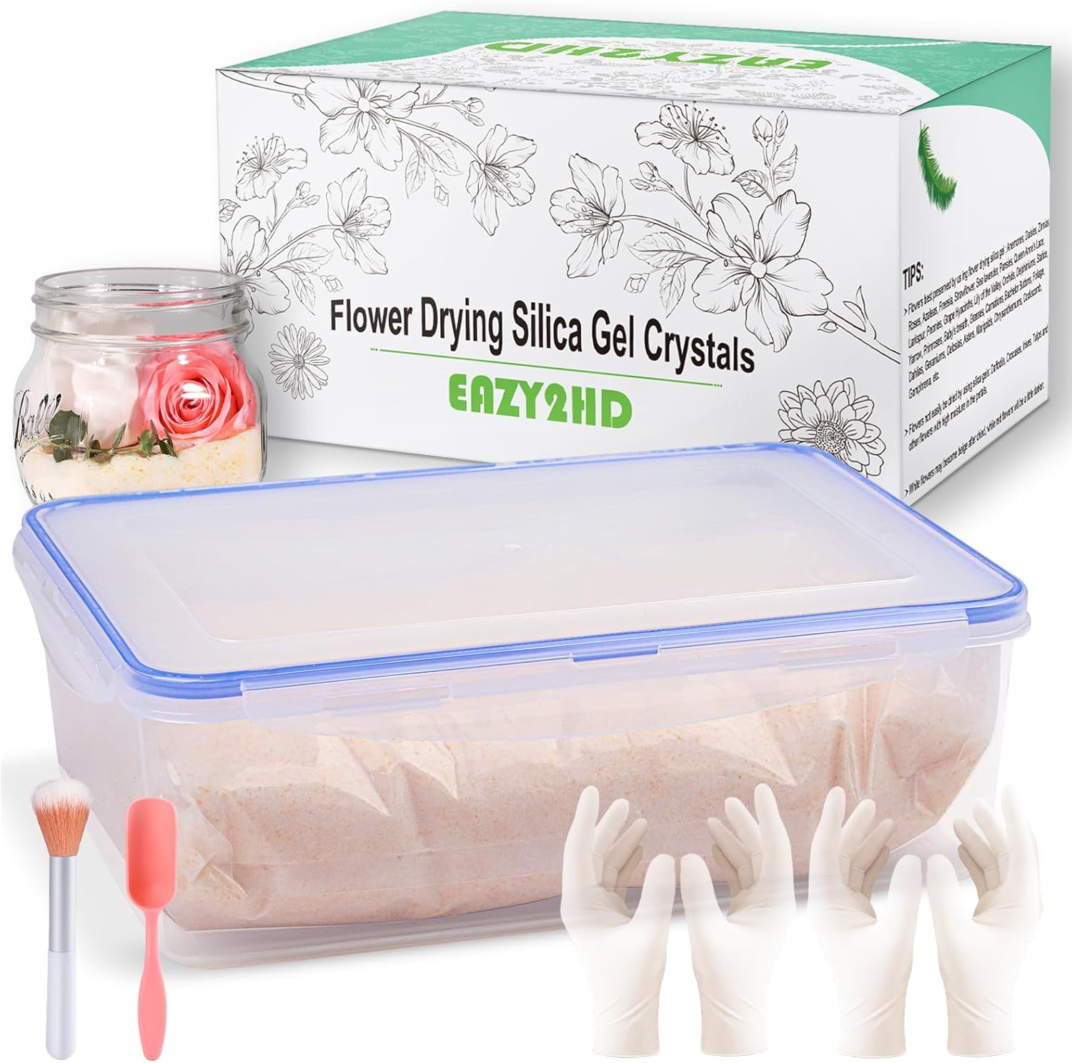 Eazy2hD Desecante de cristales de secado de flores de gel de sílice de 5 libras con recipiente sellado y guantes para kit de preservación de ramo de