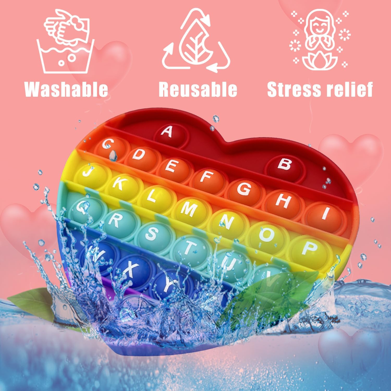 PETBSNVB Juguete antiestrés de burbujas con forma de corazón arcoíris con letras y números, regalo de Navidad, juguete sensorial con alfabetos, para