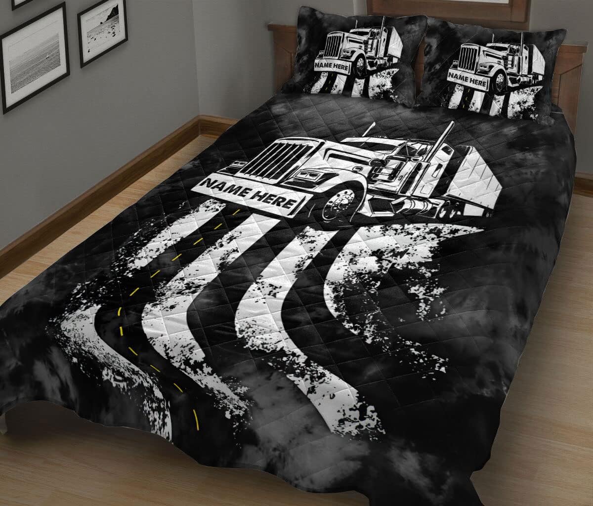 OhaPrints Regalo personalizado en blanco y negro para camionero, conductor de camionero, manta y fundas de almohada, juego de ropa de cama y funda