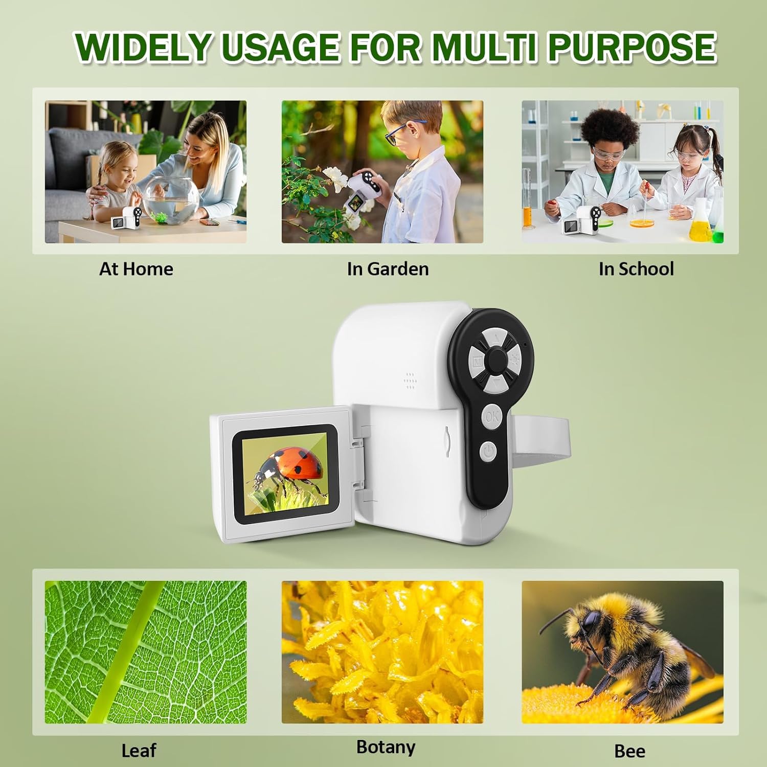 Microscopio para niños, microscopio portátil para niños 1000X con 6 luces LED ajustables, pantalla LCD de 2 pulgadas, mini microscopio portátil USB
