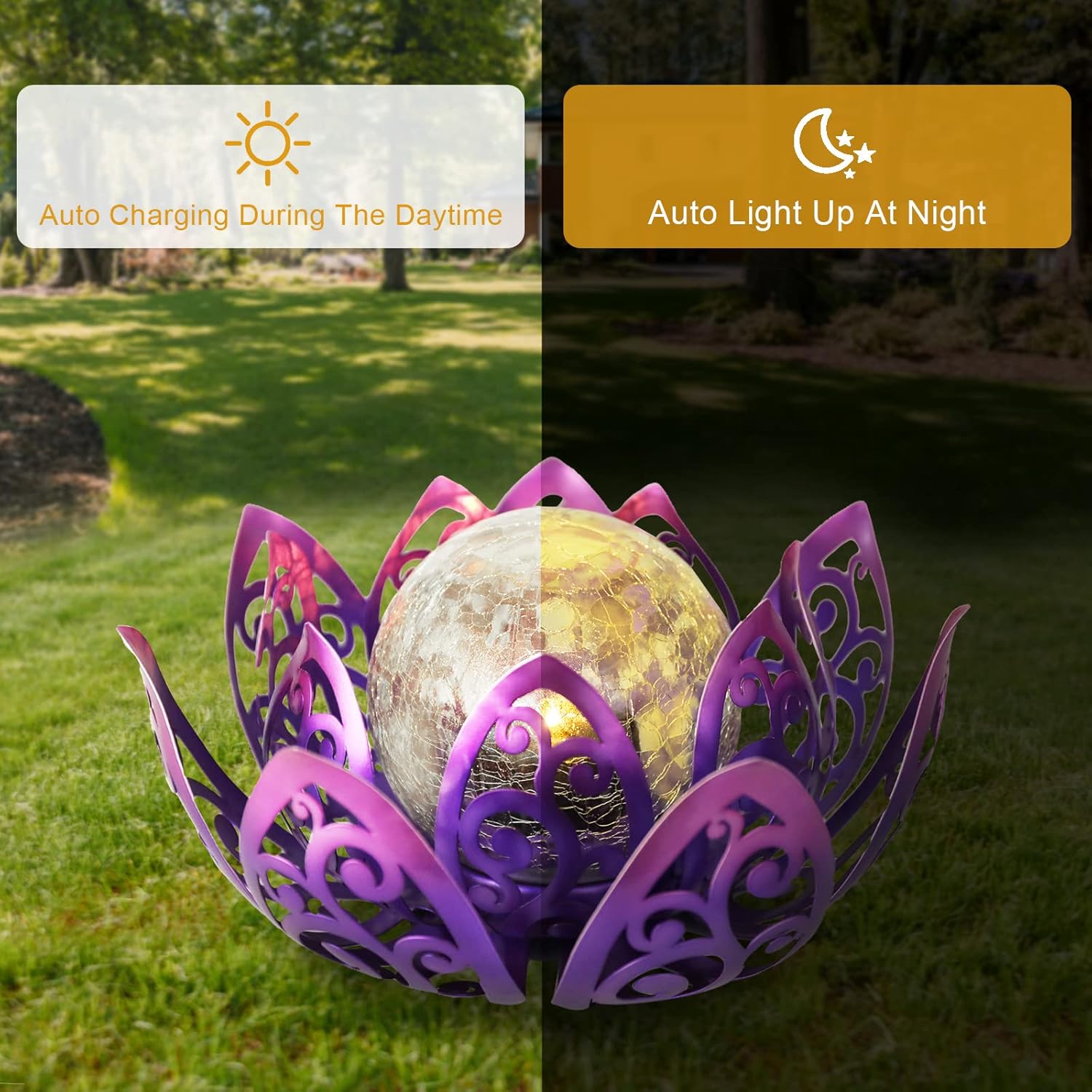 Luces solares de jardín para exteriores, lámpara solar de loto impermeable, globo de cristal agrietado de metal, luz LED de decoración de flor de