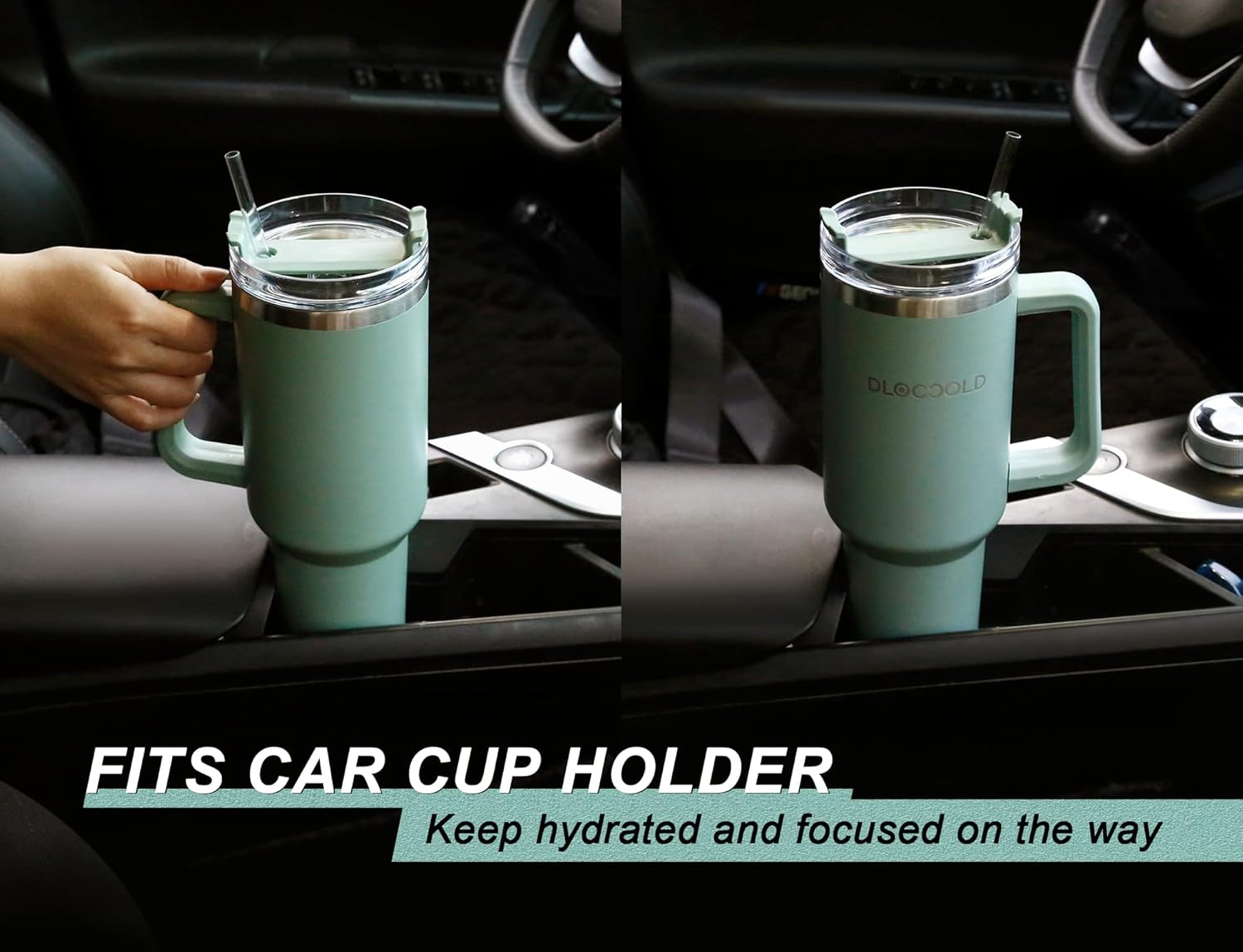 DLOCCOLD Vaso de 40 onzas con asa, vaso de café aislado con tapa y popote, apto para portavasos de automóvil (aguamarina)