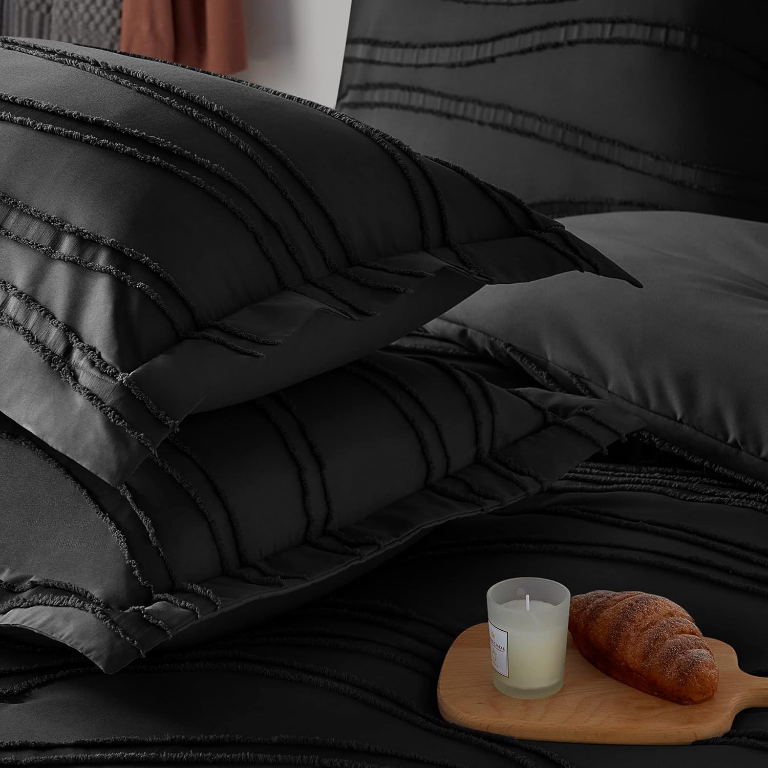 Gemarwel Juego de edredón negro tamaño individual, edredón blanco suave de 2 piezas, juego de ropa de cama y colecciones ligero bohemio copetudo
