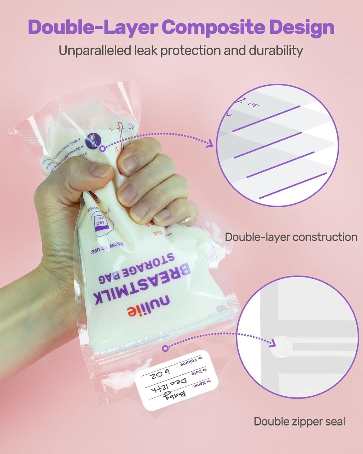 Nuliie 120 bolsas de almacenamiento de leche materna con detección de temperatura, sin fugas, sin BPA con boquilla fácil de verter, 6 onzas