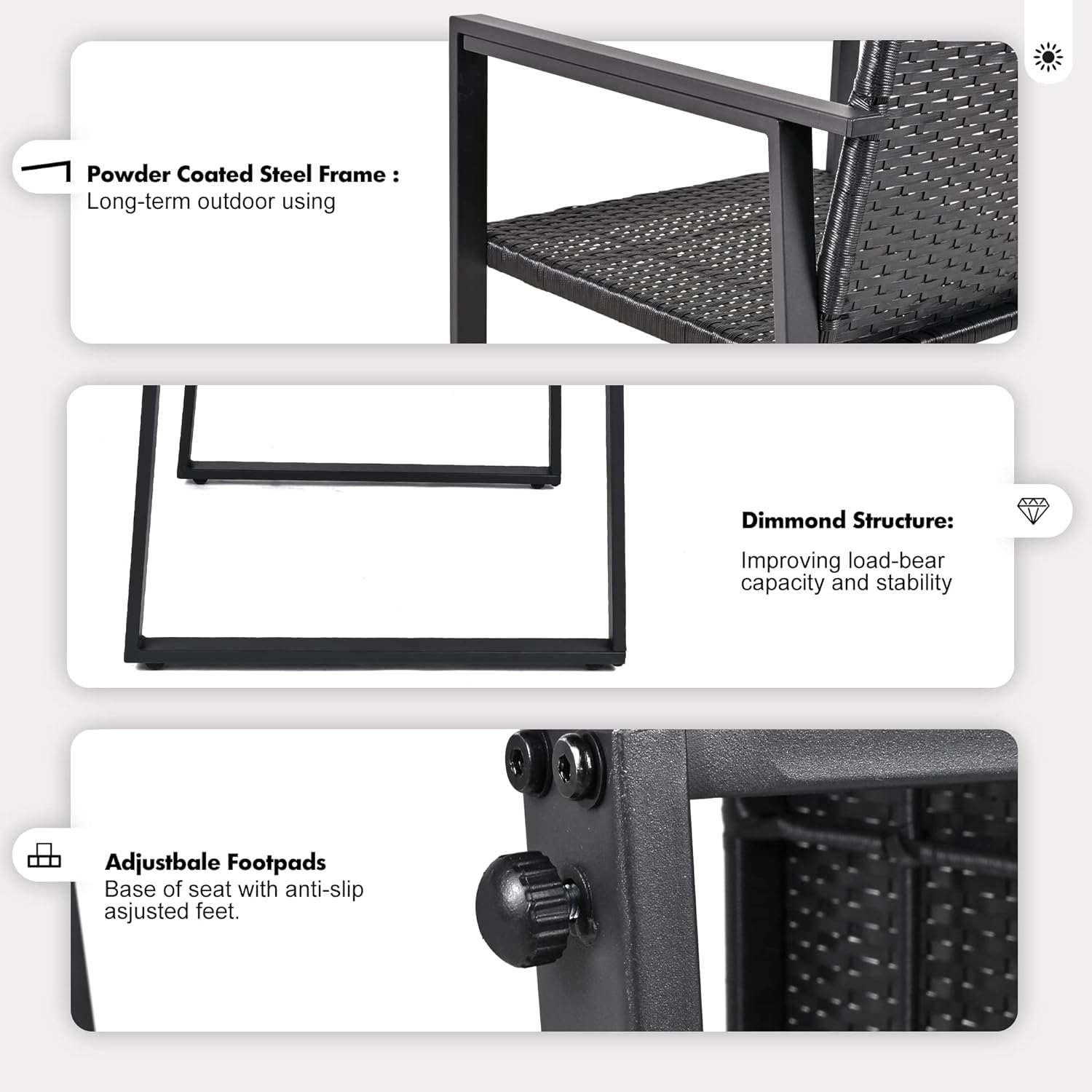 SUNLEI – Juego de muebles de mimbre para exteriores, 3 piezas, dos sillas y mesa auxiliar con vidrio, para café, color negro
