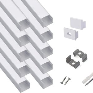 Paquete de 10 canales de aluminio LED en forma de U de tamaño grande de 3.3 pies con cubierta lechosa, tapas finales y clips de montaje, perfil de Paquete de 10 canales de aluminio LED en forma de U de tamaño grande de 3.3 pies con cubierta lechosa, tapas finales y clips de montaje, perfil de