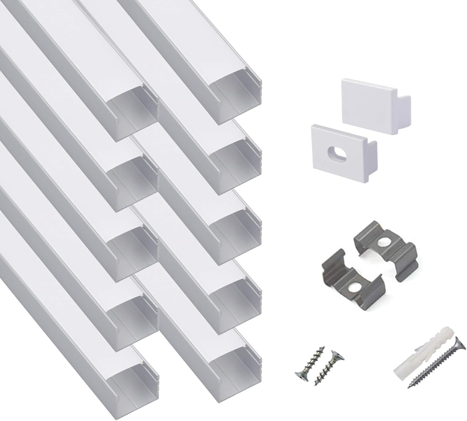 Paquete de 10 canales de aluminio LED en forma de U de tamaño grande de 3.3 pies con cubierta lechosa, tapas finales y clips de montaje, perfil de
