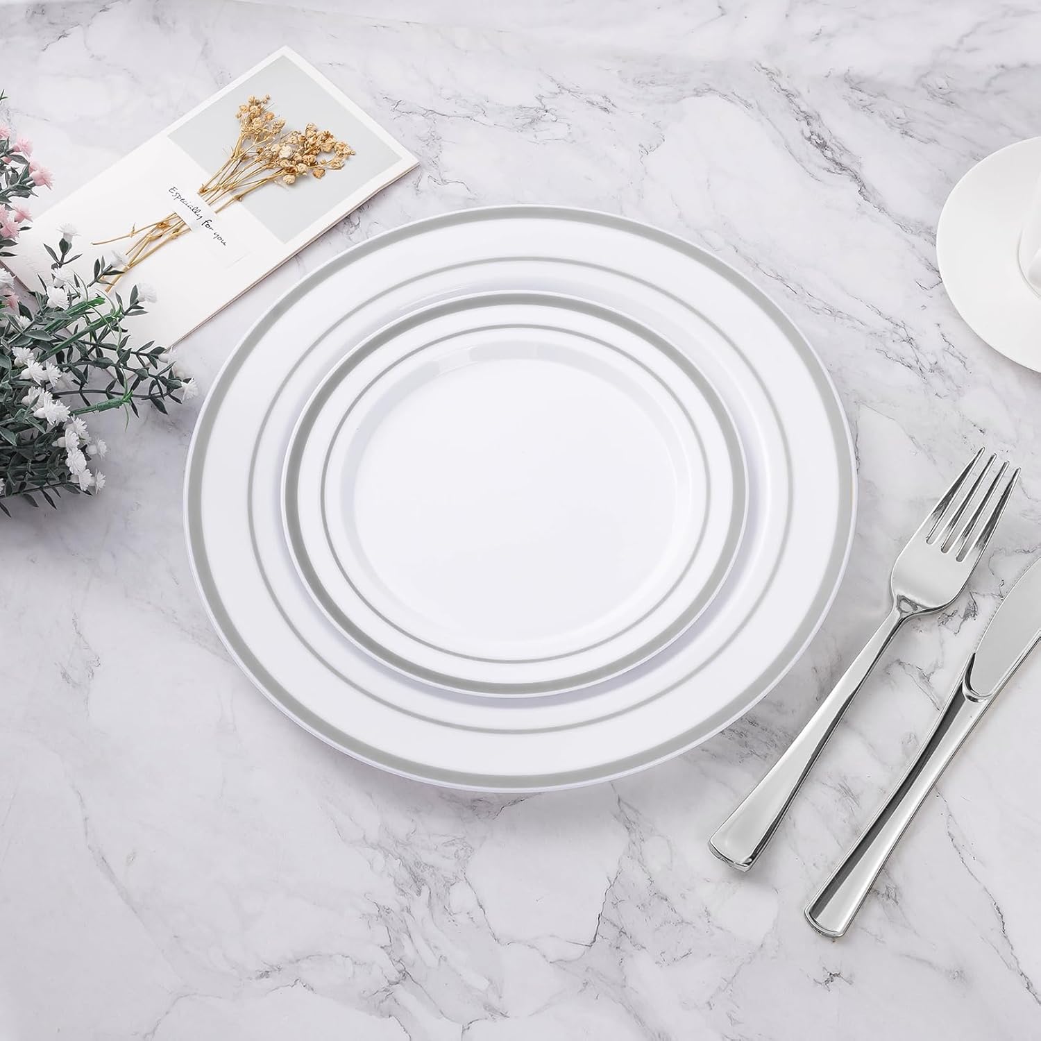 100 platos de plástico plateado, platos desechables de 10.25 pulgadas para fiesta con borde plateado, platos de plástico desechables resistentes