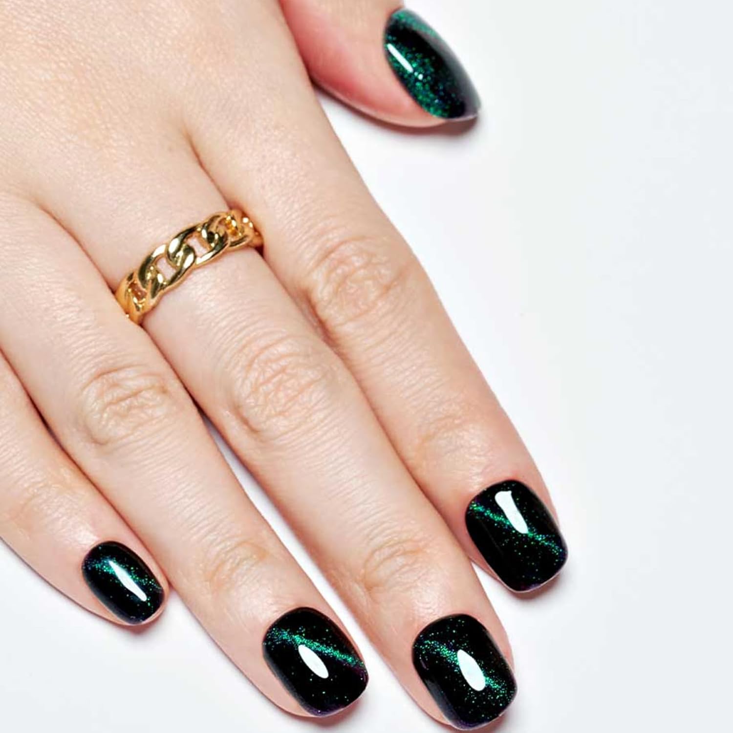 GLAMERMAID – Uñas de gel a presión con diseño de ojos de gato, cuadradas, hechas a mano, con purpurina negra y verde, uñas postizas cortas ovaladas