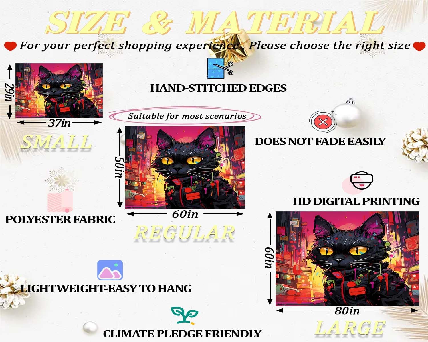 QGHOT Tapiz de gato genial, tapiz de gato para colgar en la pared, diseño de graffiti ciberpunk, gato negro, tapiz de pared para adolescentes,
