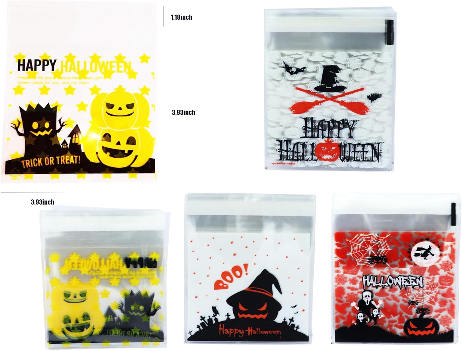 MOLIDA 300 bolsas de dulces de celofán de Halloween, bolsas transparentes para dulces de galletas con adhesivo Sslf para suministros de fiesta de