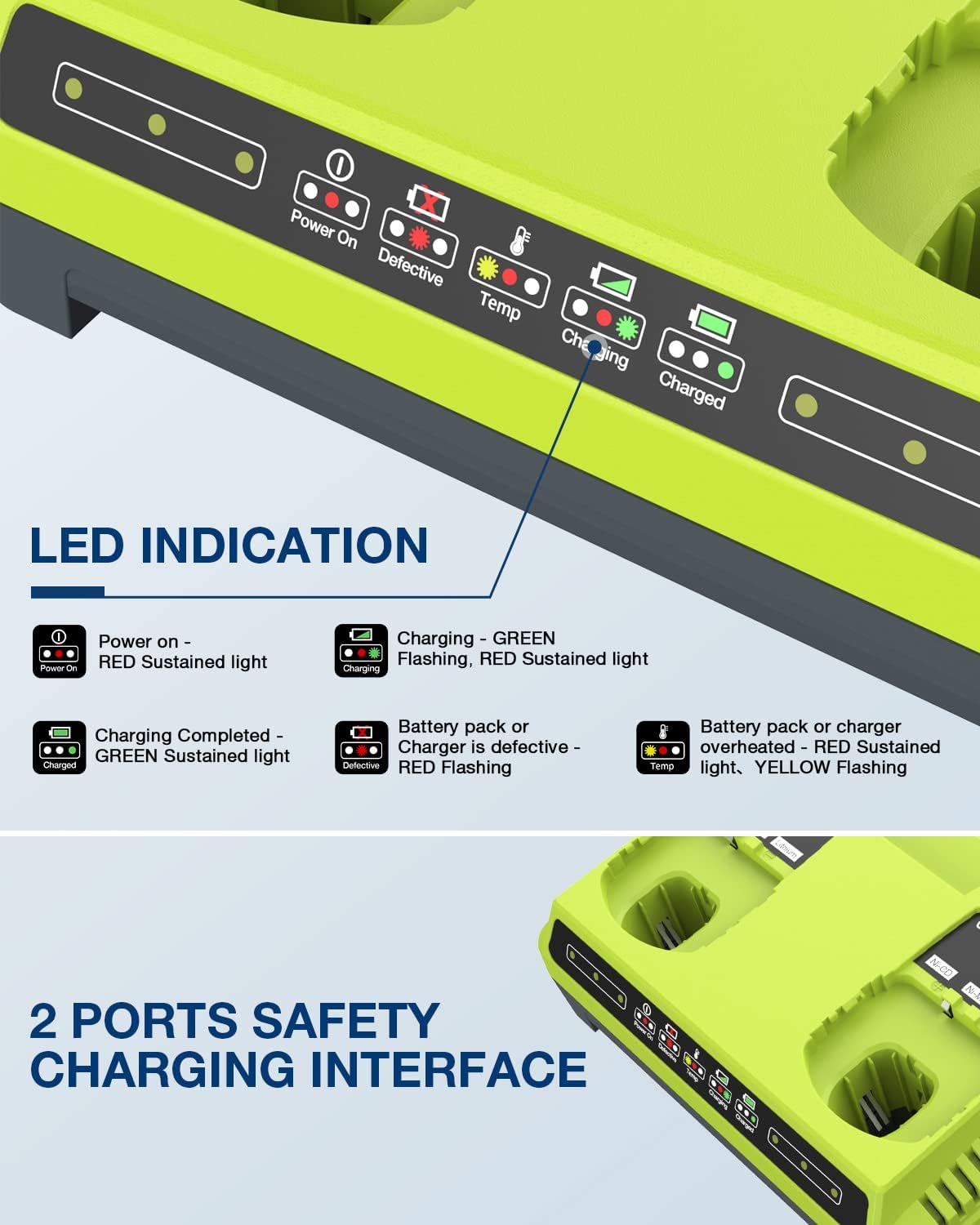 WaxPar 2 puertos P117 para cargador Ryobi compatible con Ryobi 18v cargador de batería dual ONE+ P117 P118 12V-18V Max Li-Ion NiCd NiMh batería P100