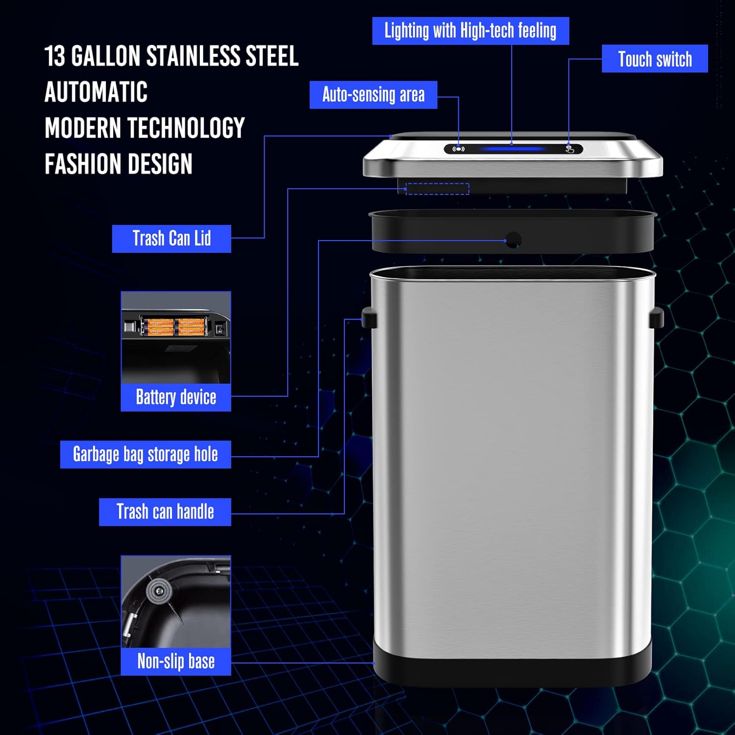 Bote de basura automático inteligente de 13 galones de 50 litros con tapa, cuerpo grueso de acero inoxidable y tapa de sensor sin tacto súper