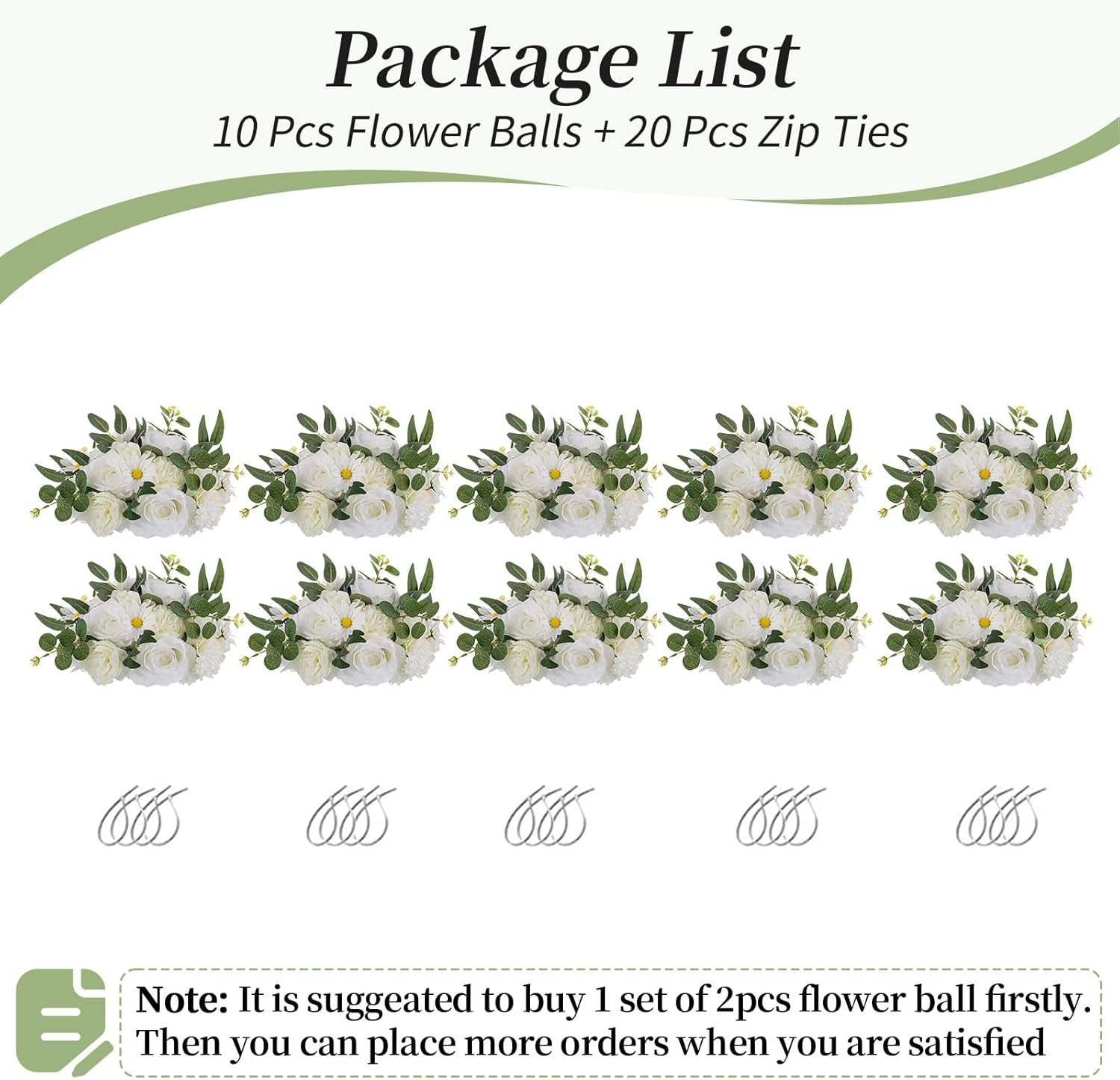 BLOSMON Centros de mesa de boda de bola de flores artificiales, 10 piezas de 9.8 pulgadas, flores falsas blancas de rosas, arreglos florales, piezas