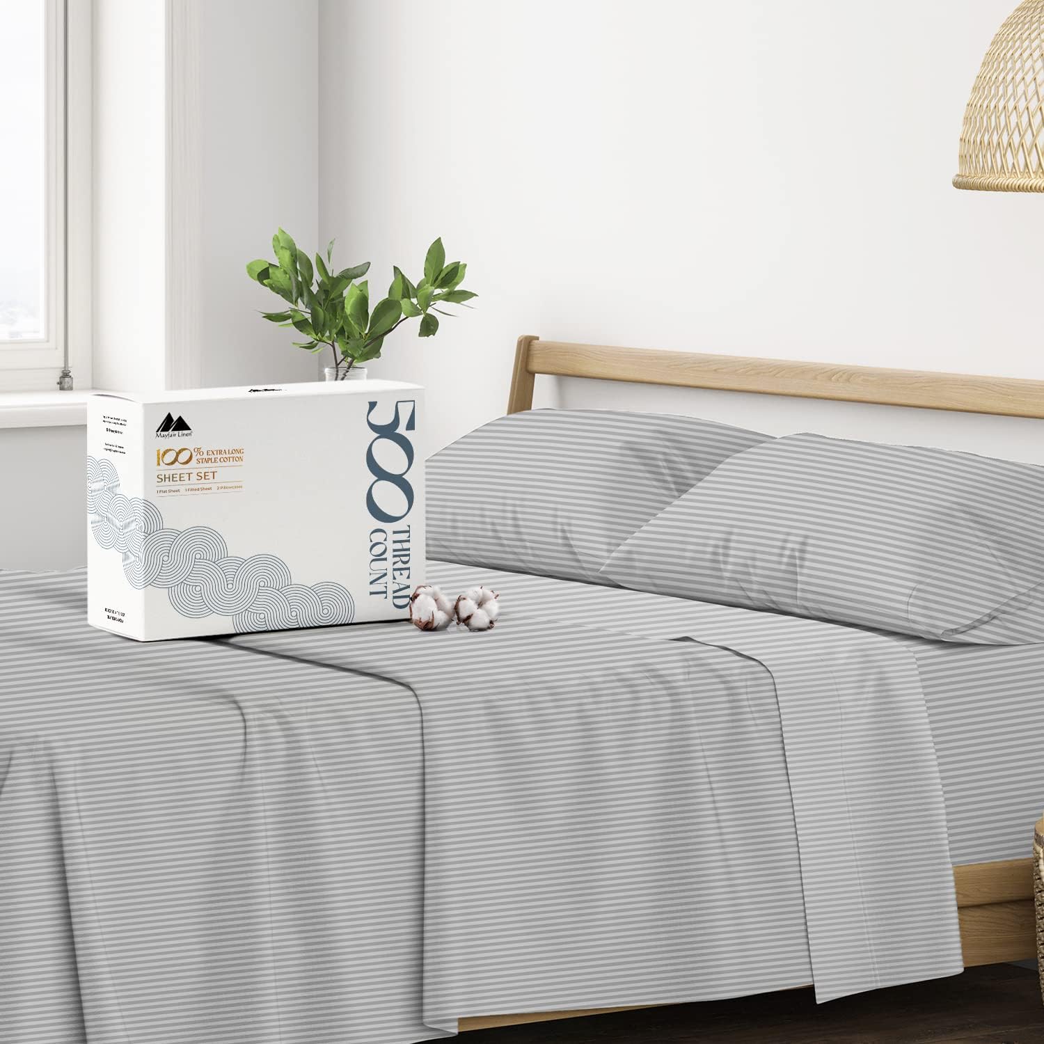 Mayfair Linen Juego de sábanas de 500 hilos 100% algodón egipcio a rayas, sábana tamaño King de algodón de fibra larga plateada, se adapta a