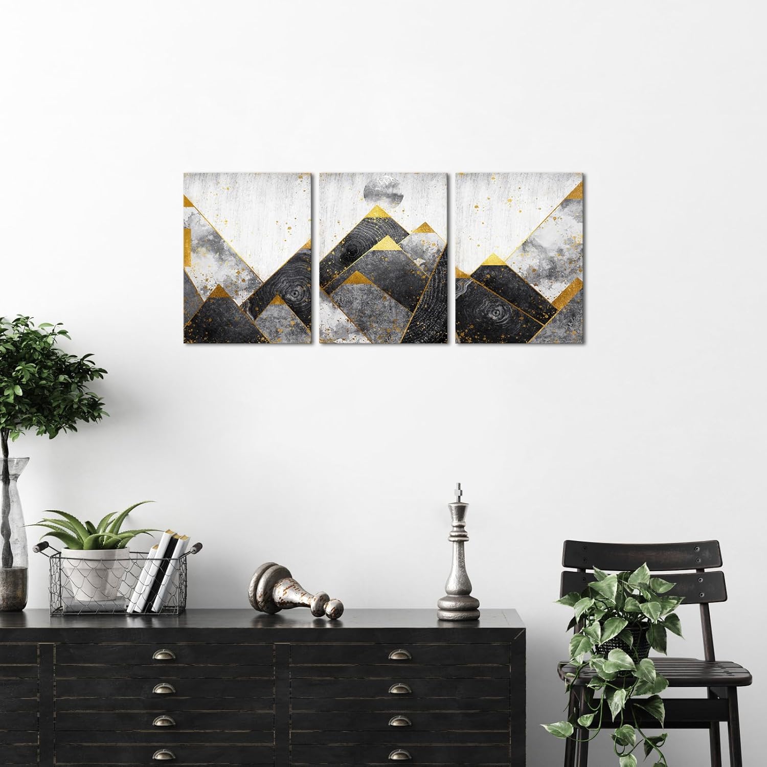 Biuteawal Lienzo abstracto para pared, pintura de paisaje de montaña de oro negro, pintura para dormitorio, decoración de sol, arte de pared