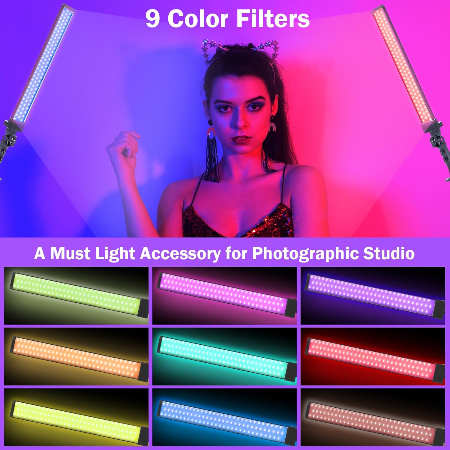 Paquete de 4 varitas de iluminación LED de video, luces de fotografía ajustables con trípode de 22 a 63, 9 filtros de color, 5500 K, 90 cuentas,
