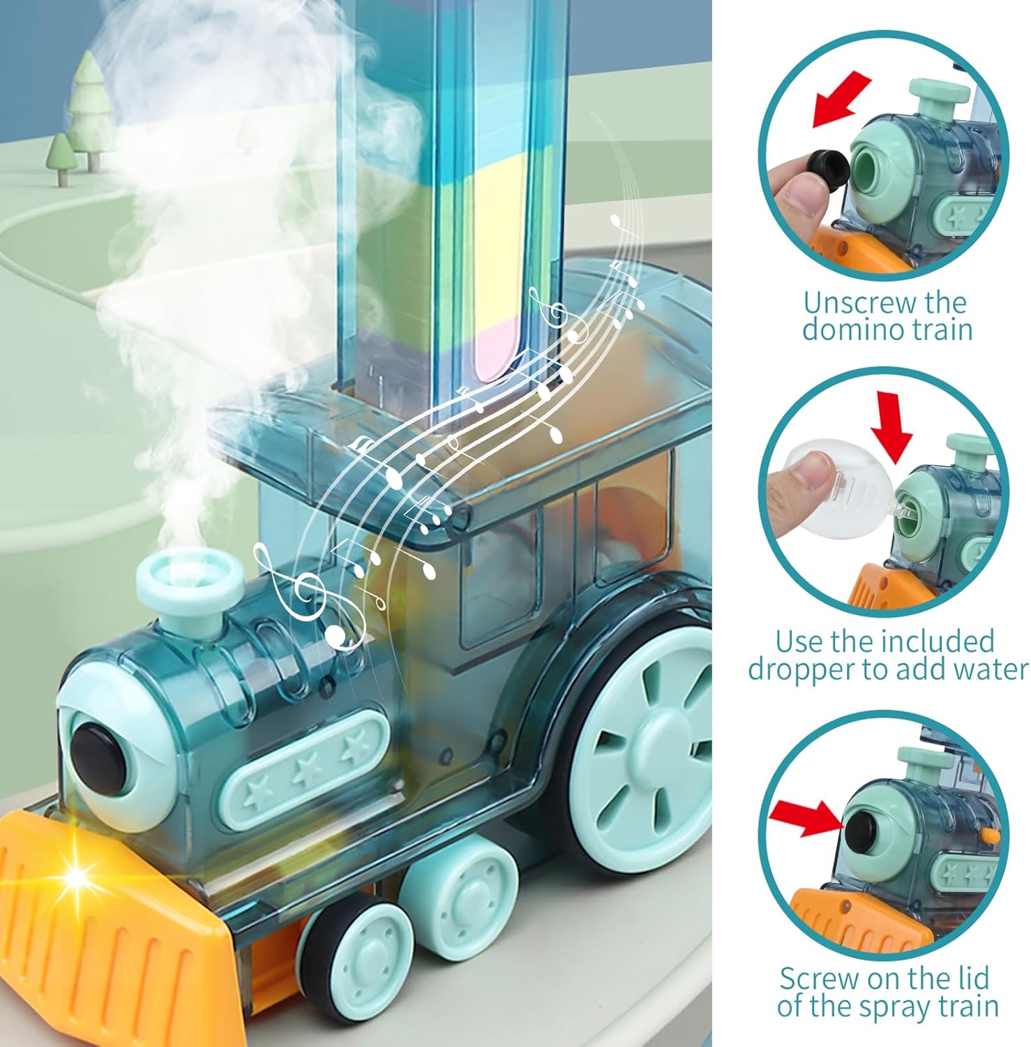 Neragron Juego de juguetes de tren de dominó para niños, 80 piezas de bloques de dominó de tren eléctrico con vapor, luces y música, juguete
