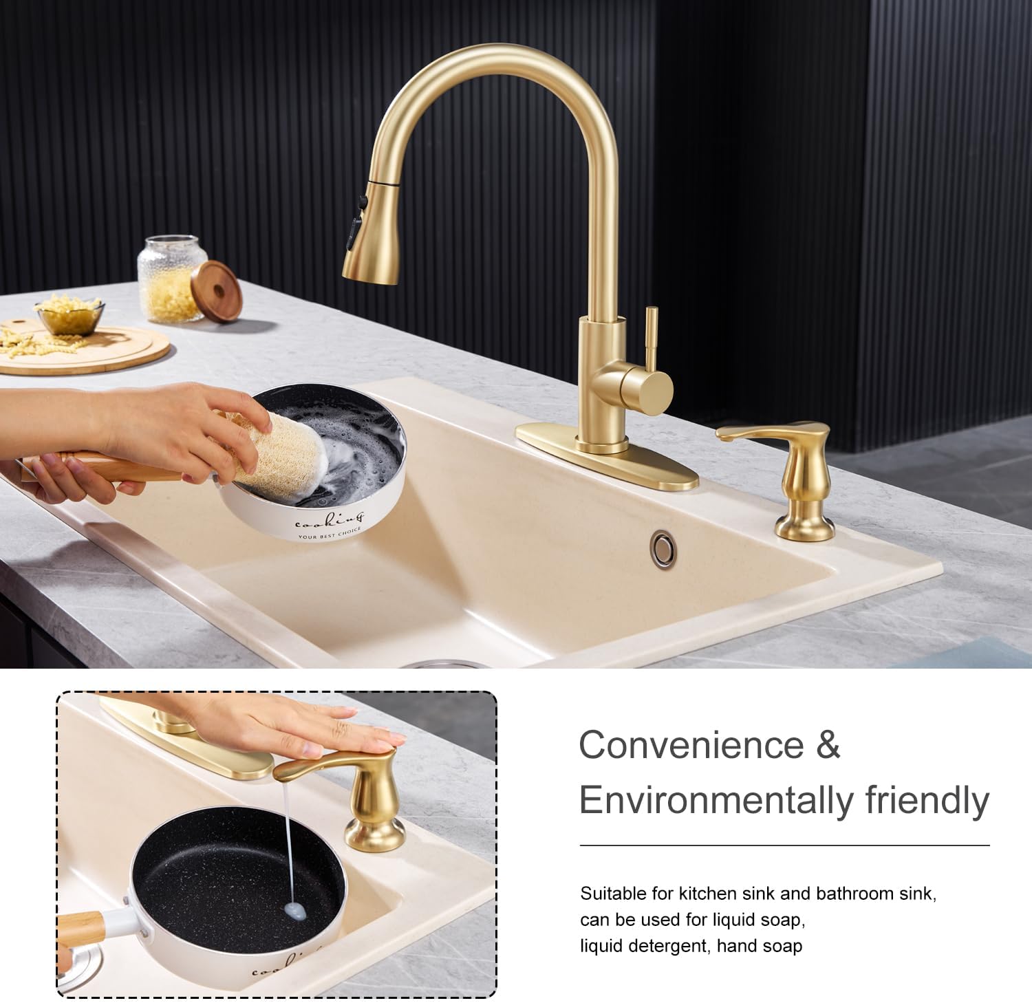 GAGALIFE Dispensador de jabón para fregadero de cocina, dorado cepillado, dispensador de jabón debajo del fregadero con kit de tubo de extensión de