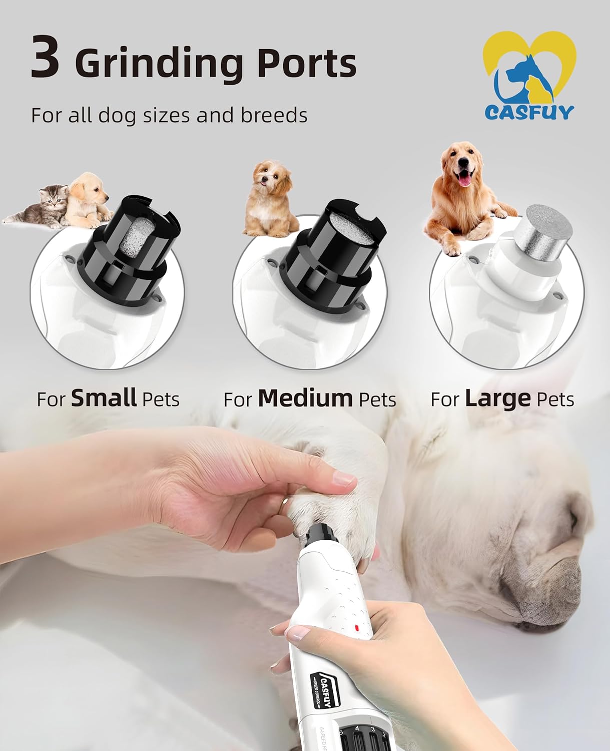 Casfuy Molinillo de uñas para perros silencioso, (45 db) de 6 velocidades con 2 luces LED para perros y gatos grandes, medianos y pequeños,