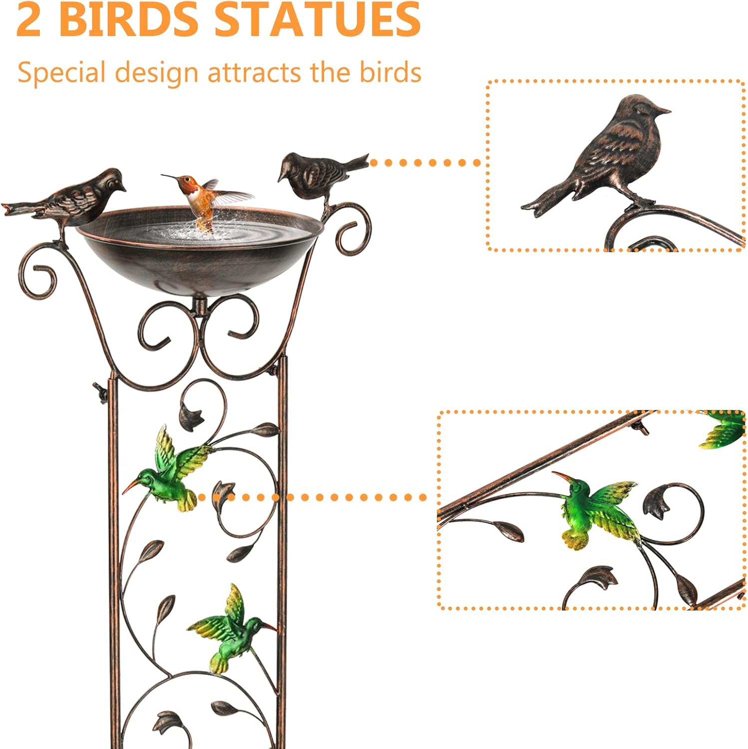 LEWIS&WAYNE Enrejado de jardín para pájaros al aire libre, 40 pulgadas de hierro antiguo enrejado decorativo con colibríes y cuenco desmontable para