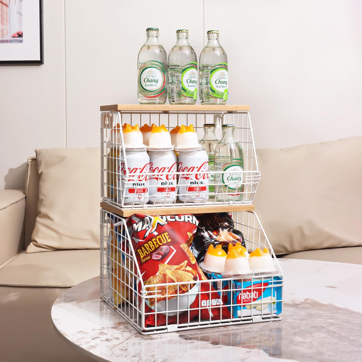 Mefirt Frutero blanco, cesta de frutas de 2 niveles para encimera de cocina, almacenamiento de frutas apilable montado en la pared, organizador de