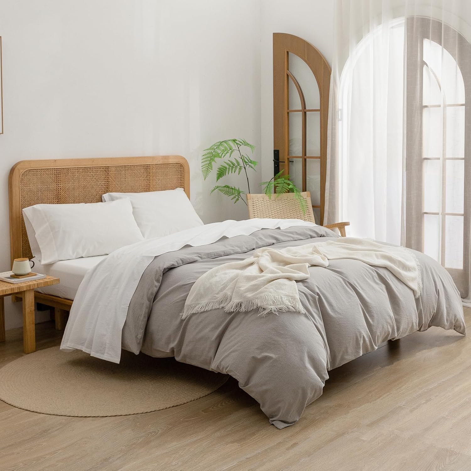 BESTOUCH Juego de sábanas 100% algodón lavado, tacto súper suave, cómodo, elegante, ligero, juego de ropa de cama de 4 piezas, color blanco hueso,