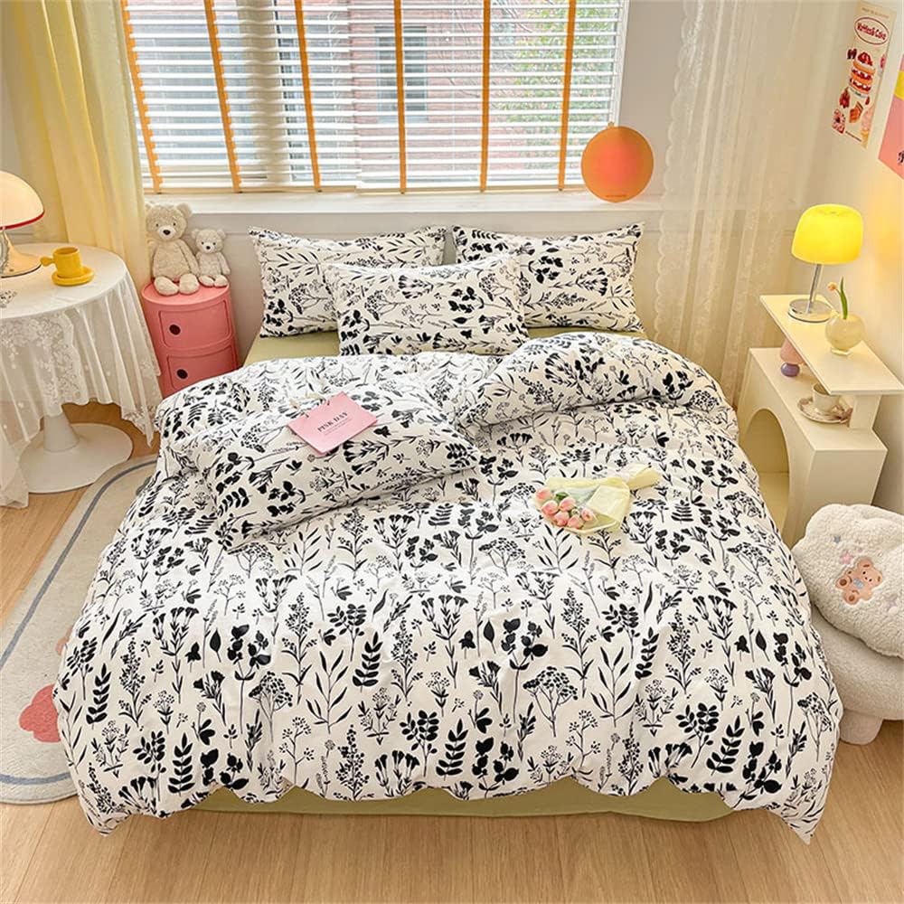 Wellboo Juego de edredón botánico tamaño King, ropa de cama floral en blanco y negro, colcha de algodón para niñas y mujeres, ropa de cama bohemia