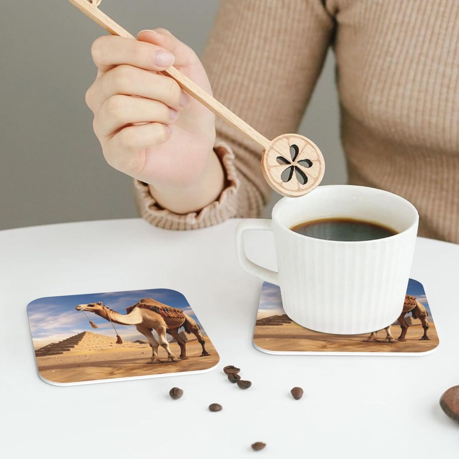 Camel Print Leather Coaster Drink Coasters Set of 4 Waterproof Funny Coaster for Drinks Round Cups Mugs Mat Pad for Kitchen Home Decor