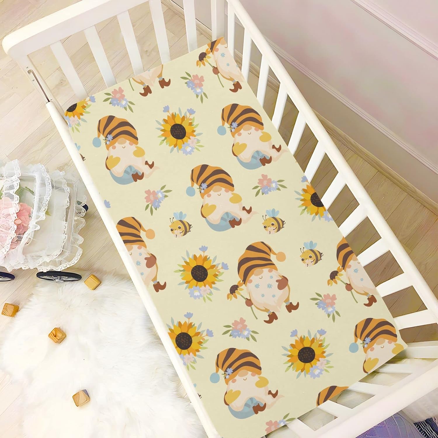 Sábanas bajeras ajustables para cuna, lindos gnomos, abejas, sábanas portátiles y elásticas para bebé niño, colchón de mini cuna transpirable y